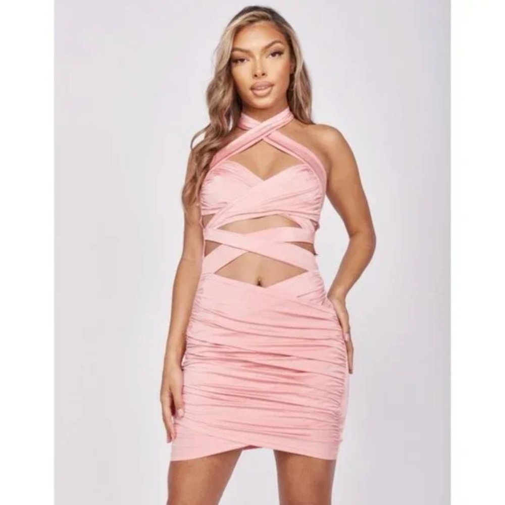 Pink Sleeveless Halter Neck Backless Cutout Wrap Bodycon Mini Dress - Picture 4 of 17